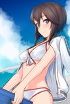  bikini black_hair blue_sky blush cloud cloudy_sky day hair_between_eyes hayasui_(kantai_collection) holding jacket jacket_on_shoulders kantai_collection long_sleeves looking_at_viewer navel open_clothes open_jacket pallad short_hair silver_eyes sky solo swimsuit track_jacket white_bikini zipper 