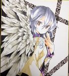  aioi_aoi angel_wings dress jacket kishin_sagume long_sleeves looking_at_viewer looking_back marker_(medium) open_clothes open_jacket purple_dress red_eyes red_pupils shikishi silver_hair solo touhou traditional_media wings 