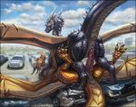  2019 3_toes black_scales brown_scales car claws cowgirl_position crush detailed detailed_background digital_media_(artwork) digitigrade dragon duo eigengrau erection eye_contact female feral feral_on_feral lying male male/female male_penetrating membranous_wings on_back on_top parking pawpads paws penetration penis pussy pussy_juice red-izak ric&#039;axoarrth scales scalie sex toes vaginal vaginal_penetration vehicle western_dragon wings 