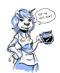  anthro apron beverage breasts clothing coffee dialogue endtown english_text feline female food jamil lion mammal notebook pencil_(object) roxie_rockwell smile solo speech_bubble talking_to_viewer text waiter 