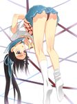  bdsm black_hair blush bondage bound bow_(weapon) crossdressing drifters fujiwara_riyu full_body hair_ribbon long_hair long_legs male_focus nasu_no_yoichi otoko_no_ko ponytail purple_eyes ribbon school_uniform serafuku shibari shibari_under_clothes skirt skirt_lift socks solo suspension upside-down weapon white_legwear 