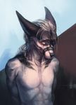  abstract_background anthro big_ears black_and_white_fur black_and_white_hair black_fur canine crying deadro fennec fox fur green_eyes hair hi_res hybrid kaelyn_idow long_hair male mammal marble_fox multi_tail muzzle_(object) muzzled nude painting portrait sad solo tears white_fur 