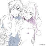  1girl bouquet bridal_veil dobusu_(osomatsu-san) dress flower hand_on_another's_face hand_on_hip limited_palette looking_at_another matsuno_karamatsu osomatsu-kun osomatsu-san sketch sweatdrop tuxedo twitter_username upper_body veil wavy_hair wedding_dress yotsuba_(mayuge83) 