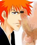  2boys bar_censor bara bleach censored inmomakuro looking_at_viewer male_focus multiple_boys orange_hair penis testicles yaoi 