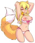  alpha_channel animal_humanoid armpits bell bell_collar bow bra breasts canine clothing collar condom condom_in_mouth fangs female fox fox_humanoid green_eyes hair hands_behind_head humanoid long_hair mammal multi_tail nipples one_eye_closed panties solo standing underwear undressing wink zyira 