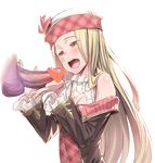 bare_shoulders blonde_hair blush breasts caress censored cleavage cleavage_cutout diola_(granblue_fantasy) granblue_fantasy h_kasei hat heart heart_censor hetero long_hair open_mouth penis penis_awe purple_skin small_breasts smile solo_focus tongue white_background yellow_eyes 