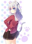  animal_ears bad_id bad_pixiv_id blue_eyes cat_ears cat_tail charlotte_(anime) commentary_request from_behind highres hoshinoumi_academy_uniform long_hair mafuyu_(chibi21) pleated_skirt school_uniform serafuku silver_hair skirt solo standing tail tomori_nao two_side_up 