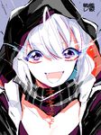  :d ahoge commentary_request fang hood hoodie kan kantai_collection open_mouth pink_eyes re-class_battleship scarf shinkaisei-kan smile solo translated upper_body white_hair 