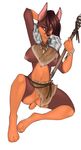  amber_eyes anus brown_hair canine chocoteenie clothed clothing cosplay doberman dog far_cry female hair half-closed_eyes hand_behind_head looking_at_viewer mammal melee_weapon navel nipple_piercing nipples no_underwear piercing polearm pussy simple_background sitting skimpy solo spear tami_(poonani) tribal weapon white_background 