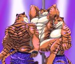  2016 abs anthro arms_above_head biceps big_muscles blue_eyes brown_fur clothed clothing disney fur green_eyes hands_behind_head leg_grab legs_up licking licking_lips looking_at_viewer looking_back male male/male muscular nude orange_fur pawpads pecs pink_nose pole rear_view red_eyes shorts simple_background smile spread_legs spreading standing striped_fur stripes stripper_tiger_(zootopia) tongue tongue_out topless white_fur zootopia 