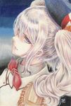  colored_pencil_(medium) cravat epaulettes eyelashes face hat highres kantai_collection kashima_(kantai_collection) lavender_hair parted_lips purple_eyes red_ribbon ribbon serious sidelocks sideways_glance silver_hair solo tesun_(g_noh) traditional_media upper_body 