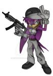  avian bird blue_eyes breasts clothing deviantart distracting_watermark feathers female footwear gloves gun hat open_mouth pants purple_feathers ranged_weapon rondineviola shoes sonic_(series) sonic_riders standing swallow_(bird) tongue watermark wave_the_swallow weapon 