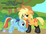  2014 absurd_res alternate_hairstyle applejack_(mlp) blonde_hair blue_feathers blue_fur bush clothing cowboy_hat cutie_mark duo earth_pony english_text equine feathers female feral friendship_is_magic fur grass green_eyes hair hat hi_res horse legwear mammal multicolored_hair multicolored_tail my_little_pony nature nightmaremoons orange_fur outside pegasus pony purple_eyes rainbow_dash_(mlp) rainbow_hair rainbow_tail smile text tree wings 