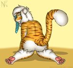  2016 anthro anus big_butt braided_hair brown_fur butt buxbi claws digital_media_(artwork) feline female fluffy fur hair hi_res long_hair looking_at_viewer looking_back mammal nitefang nude orange_fur paws simple_background smile solo stripes tiger white_fur white_hair yellow_eyes 