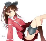  alternate_hairstyle arm_support artist_name blush brown_eyes brown_hair brown_legwear closed_mouth collared_shirt hair_down highres jacket jewelry kantai_collection knee_up kneehighs leaning_back leg_up long_hair long_sleeves looking_at_viewer magatama necklace pendant pleated_skirt red_jacket red_skirt ryuujou_(kantai_collection) shirt signature sitting skirt sleeve_cuffs smile solo tareme tebi_(tbd11) thigh_strap upskirt visor_cap white_shirt 