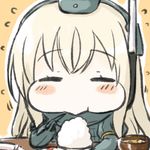  bad_id bad_nicoseiga_id blonde_hair blush chibi chopsticks chopsticks_in_mouth closed_eyes eating engiyoshi flying_sweatdrops food garrison_cap hat kantai_collection long_hair military military_uniform puffy_sleeves solo u-511_(kantai_collection) uniform 