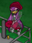  anthro avian bird blue_eyes breasts cleavage clothed clothing deviantart eyelashes feathers female footwear hat outside pants purple_feathers rondineviola shoes sitting solo sonic_(series) sonic_riders swallow_(bird) watermark wave_the_swallow 