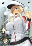  :d blonde_hair blue_eyes blush body_mahattaya_ginga bouncing_breasts breasts breath cowboy_shot exercise girly_running graf_zeppelin_(kantai_collection) grey_hat hair_between_eyes hat heavy_breathing jacket jogging kantai_collection lamppost large_breasts long_hair long_sleeves multiple_girls nose_blush open_mouth outdoors pants peaked_cap plant pole prinz_eugen_(kantai_collection) sidelocks smile solo_focus sparkle sweat tareme teeth track_suit tree twintails v-shaped_eyebrows white_hat white_jacket white_pants |_| 