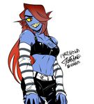  2016 anthro arm_warmers blue_skin bra breasts cleavage clothed clothing fangs female fish g0966 gills grin hair hair_over_eye long_hair looking_at_viewer marine midriff navel red_hair sharp_teeth simple_background solo standing teeth text undertale underwear undyne video_games yellow_eyes 