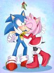  amy_rose anthro black_nose blush boots christmas clothing danielasdoodles dress duo eyes_closed female footwear gloves green_eyes hair headband hedgehog holidays kissing legwear male male/female mammal pink_hair short_hair signature sonic_(series) sonic_the_hedgehog surprise sweat 