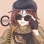  1girl beret brown_hair character_name coco_adel hat rwby smile solo sunglasses vina 