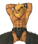  abs ainro anthro armpit_hair armpits belt biceps big_muscles blue_eyes brown_fur bulge chaps clothed clothing digimon ear_piercing feline front_view fur grin hands_behind_head leomon lion looking_at_viewer mammal mane muscular nipples open_mouth pecs piercing pinup pose raised_arm sitting spread_legs spreading teeth thong topless underwear 