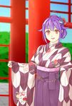  ahoge alternate_costume alternate_hairstyle flower hair_flaps hair_flower hair_ornament highres japanese_clothes kantai_collection kimono looking_at_viewer open_mouth purple_hair smile solo taigei_(kantai_collection) tomojo whale_hair_ornament 