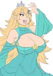  1boy 1girl artist_request bare_shoulders blonde_hair blue_eyes breasts cleavage flat_color giantess huge_breasts long_hair open_mouth rosalina rosetta_(mario) simple_background star super_mario_bros. super_mario_galaxy tongue tongue_out vore 