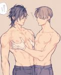  2boys abs bara gloves heshikiri_hasebe juri_otoko male_focus multiple_boys muscle nipples pecs shokudaikiri_mitsutada sweat tagme text topless touken_ranbu yaoi 