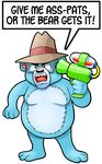  ! 2015 alpha_channel angry anthro bear black_eyes black_nose blue_fur curtsibling digital_media_(artwork) english_text eyebrows eyewear fedora fur glasses gun handgun hat male mammal moobs open_mouth parody pistol ranged_weapon solo speech_bubble teeth text tom_preston tongue weapon white_sclera 