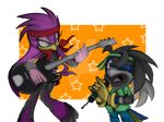  anthro avian bird black_feathers breasts clothing deviantart duo eyelashes fan_character feathers female gloves guitar headband microphone musical_instrument one_eye_closed open_mouth purple_feathers rondineviola singing size_difference sonic_(series) sonic_riders standing swallow_(bird) tongue watermark wave_the_swallow 