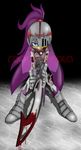  anthro avian beak bird blood blue_eyes feathers female hair helmet jewelry knight looking_at_viewer melee_weapon necklace open_mouth purple_feathers purple_hair rondineviola solo sonic_(series) sonic_and_the_black_knight sonic_riders standing swallow_(bird) sword watermark wave_the_swallow weapon 