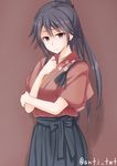  anti_(untea9) artist_name black_hair black_ribbon black_skirt blue_eyes blush brown_background closed_mouth commentary_request cowboy_shot frown hair_ribbon hakama_skirt hand_on_own_arm hand_on_own_chest highres houshou_(kantai_collection) japanese_clothes kantai_collection kimono long_hair long_skirt looking_at_viewer ponytail ribbon short_sleeves simple_background skirt solo tsurime very_long_hair younger 
