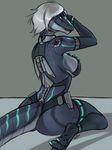  2016 absurd_res android anthro bare_shoulders big_breasts big_butt blue_eyes blue_markings breasts butt claws clothed clothing countershading cybernetics digital_media_(artwork) dinosaur elbow_gloves female gloves grey_armwear grey_background grey_body grey_bottomwear grey_hair grey_legwear grey_markings grey_topwear grin hair hi_res kneeling ldr legwear looking_at_viewer machine markings multicolored_body on_floor paws pinup pose raptor rear_view restricted_palette robot scalie science_fiction shadow sharp_teeth short_hair side_boob side_view signature silver_hair simple_background sitting skimpy slit_pupils socks solo tail_markings tara_(icyfoxy) teeth thick_thighs thigh_highs tight_clothing toe_claws toeless_socks toes voluptuous wide_hips 