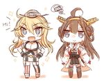  2girls bad_id bad_twitter_id blonde_hair blue_eyes breasts brown_hair chibi cleavage detached_sleeves double_bun english fingerless_gloves gloves hair_bun hairband hands_on_hips iowa_(kantai_collection) japanese_clothes kantai_collection kongou_(kantai_collection) large_breasts long_hair mika_(1020mk) multiple_girls nontraditional_miko ribbon-trimmed_sleeves ribbon_trim sparkle squiggle standing star star-shaped_pupils symbol-shaped_pupils thighhighs 