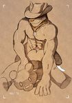  2016 abs anthro biceps canine cowboy cowboy_hat cum hat hi_res male mammal muscular muscular_male nude open_mouth pecs pencil_(artwork) penis plushie simple_background solo teddy_bear teeth tolbi traditional_media_(artwork) wolf 