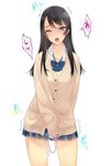  ;o arm_behind_back black_hair blue_eyes blush cardigan earbuds earphones highres long_hair looking_at_viewer murakami_suigun one_eye_closed original pleated_skirt simple_background skirt sleeves_past_wrists solo sweat tongue trembling uniform vibrator_under_clothes white_background 