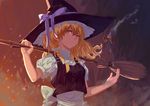  backlighting black_vest blonde_hair braid broom hair_between_eyes hat hat_ribbon holding kirisame_marisa mini-hakkero puffy_short_sleeves puffy_sleeves purple_ribbon ribbon short_hair short_sleeves side_braid smoke solo tenro touhou turtleneck vest witch_hat yellow_eyes 