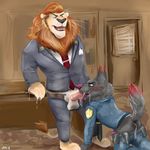  2016 all_fours anthro balls black_wolf_officer_(zootopia) blush canine clothed clothed_sex clothing cum cum_in_ass cum_in_mouth cum_inside disney duo feline fellatio hi_res leodore_lionheart lion male male/male mammal oral police_uniform sex sucking suit uniform wolf zootopia 
