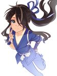  androgynous black_hair drifters fujiwara_riyu hair_over_one_eye hair_ribbon japanese_clothes long_hair male_focus nasu_no_yoichi one_eye_closed ponytail ribbon smile solo 