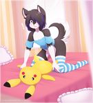  ! bed black_fur black_hair blue_hair bottomless canine clothed clothing dog fur girly hair hair_over_eye husky inside kino_strife male mammal multicolored_fur multicolored_hair nintendo panties panties_down penis pikachu pillow plushie pok&eacute;mon re-sublimity-kun shirt shocked solo striped_panties two_tone_fur two_tone_hair underwear video_games white_fur 