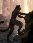  2016 anthro arm_support athletic bandage black_fur black_panther blood building city cityscape clothed clothing detailed digital_media_(artwork) digitigrade feline fur grass hax_(artist) hi_res kenket lofi male mammal nyeusi_(taabu) outside panther post-apocalyptic rock shorts solo spots spotted_fur topless whiskers 