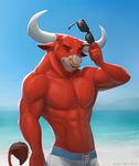  2016 4_fingers abs adam_wan anthro beach biceps big_muscles blue_sky bovine cattle clothed clothing digital_media_(artwork) eyebrows eyewear facial_piercing front_view fur half-length_portrait hi_res horn looking_at_viewer male mammal muscular nose_piercing nose_ring one_eye_closed outside pecs piercing portrait pose red_fur seaside septum_piercing sky smile solo standing sunglasses swimming_trunks swimsuit tail_tuft topless tuft water wink 