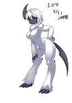 2015 absol big_breasts breasts canine dewclaw digitigrade featureless_breasts featureless_crotch female hair hands_on_hips mammal mane naturally_censored navel nintendo nude paws pok&eacute;mon red_eyes simple_background solo standing video_games 二時間 