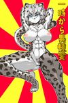  abs big_breasts blue_eyes breasts claws crouching feline female hi_res japanese_text leopard mammal muscular nipples pubes pussy simple_background snow_leopard solo text toe_claws 鬼い 