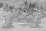  anthro big_muscles digimon feline front_view greyscale grin hi_res jewelry landscape leomon lion looking_at_viewer mammal mane monochrome muscular naughty_face necklace nipples nude onsen outside partially_submerged pecs reclining screentone spread_legs spreading stool x_zudomon 