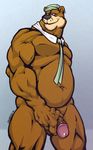  2016 anthro balls bear biceps big_muscles clothing digital_media_(artwork) fur hat hi_res looking_at_viewer male mammal masturbation muscular necktie nude osoalex pecs penile_masturbation penis simple_background smile solo yogi_bear 