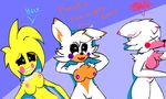  2016 animatronic anthro avian beak bird breasts canine chicken clitoris digital_media_(artwork) e-01_(artist) female five_nights_at_freddy&#039;s five_nights_at_freddy&#039;s_2 five_nights_at_freddy&#039;s_world fox fur group hair hi_res lolbit_(fnaf) machine mammal mangle_(fnaf) nipples nude open_mouth pussy robot simple_background smile text toy_chica_(fnaf) video_games white_fur 