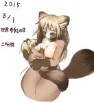  2015 ambiguous_gender anthro baby blue_eyes breastfeeding breasts child collarbone cub duo female hair long_hair mammal markings mother mother_and_child nude parent simple_background size_difference socks_(marking) tanuki white_background young 二時間 