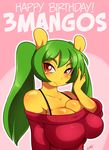  2016 anthro big_breasts birthday breasts chalo cleavage clothed clothing english_text equine fan_character female green_hair hair horse long_hair looking_at_viewer mammal mango_(character) my_little_pony off_shoulder pink_background pony red_eyes simple_background smile solo text 
